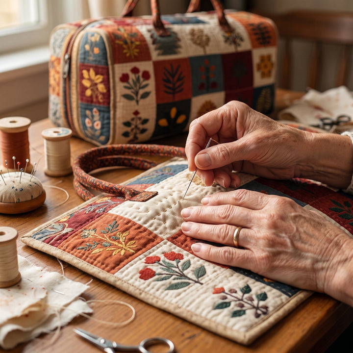 Bolso de Viaje Acolchado — Serenata de Pétalos: primer plano del acolchado a mano