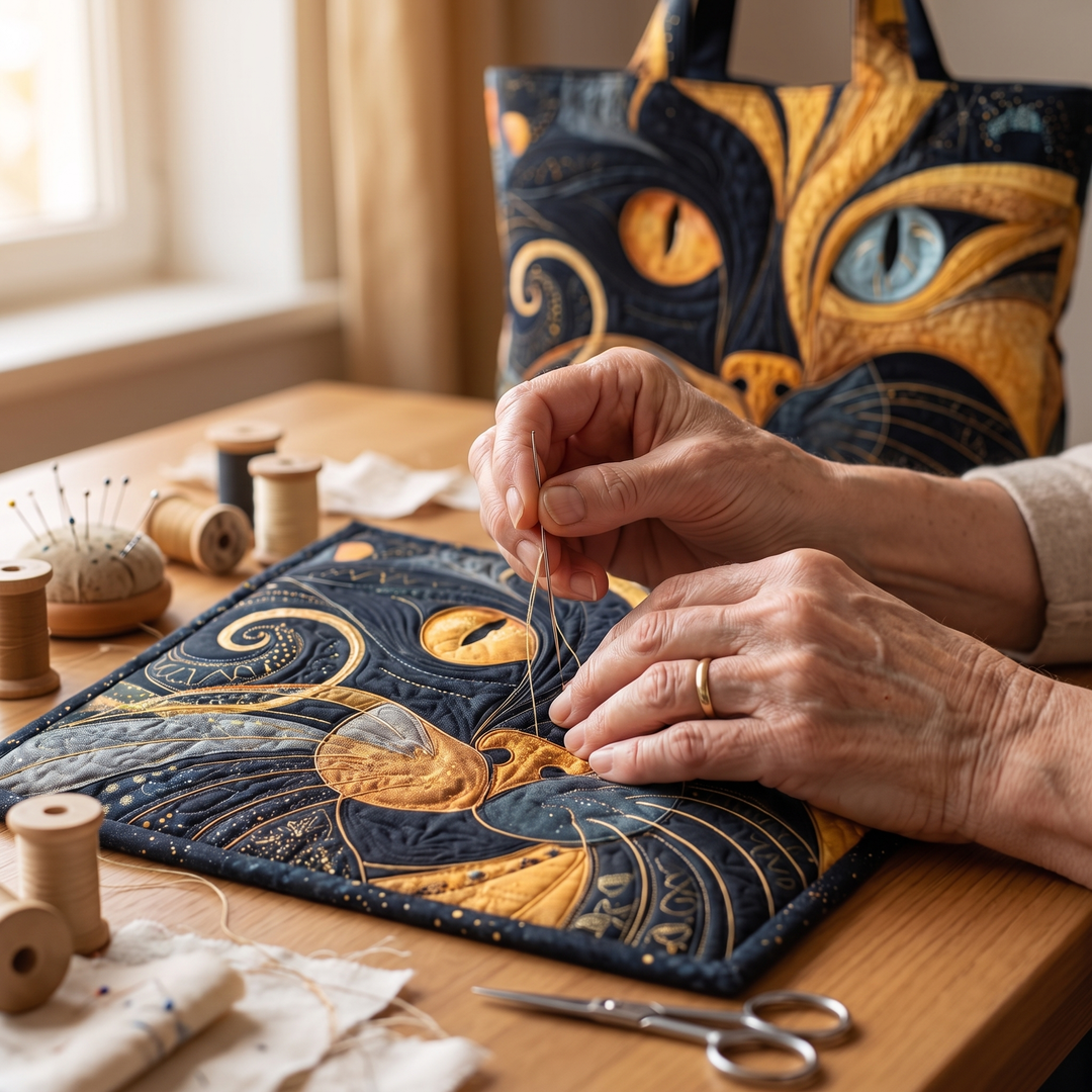 Bolso Artesanal — Gato Místico: primer plano del acolchado a mano