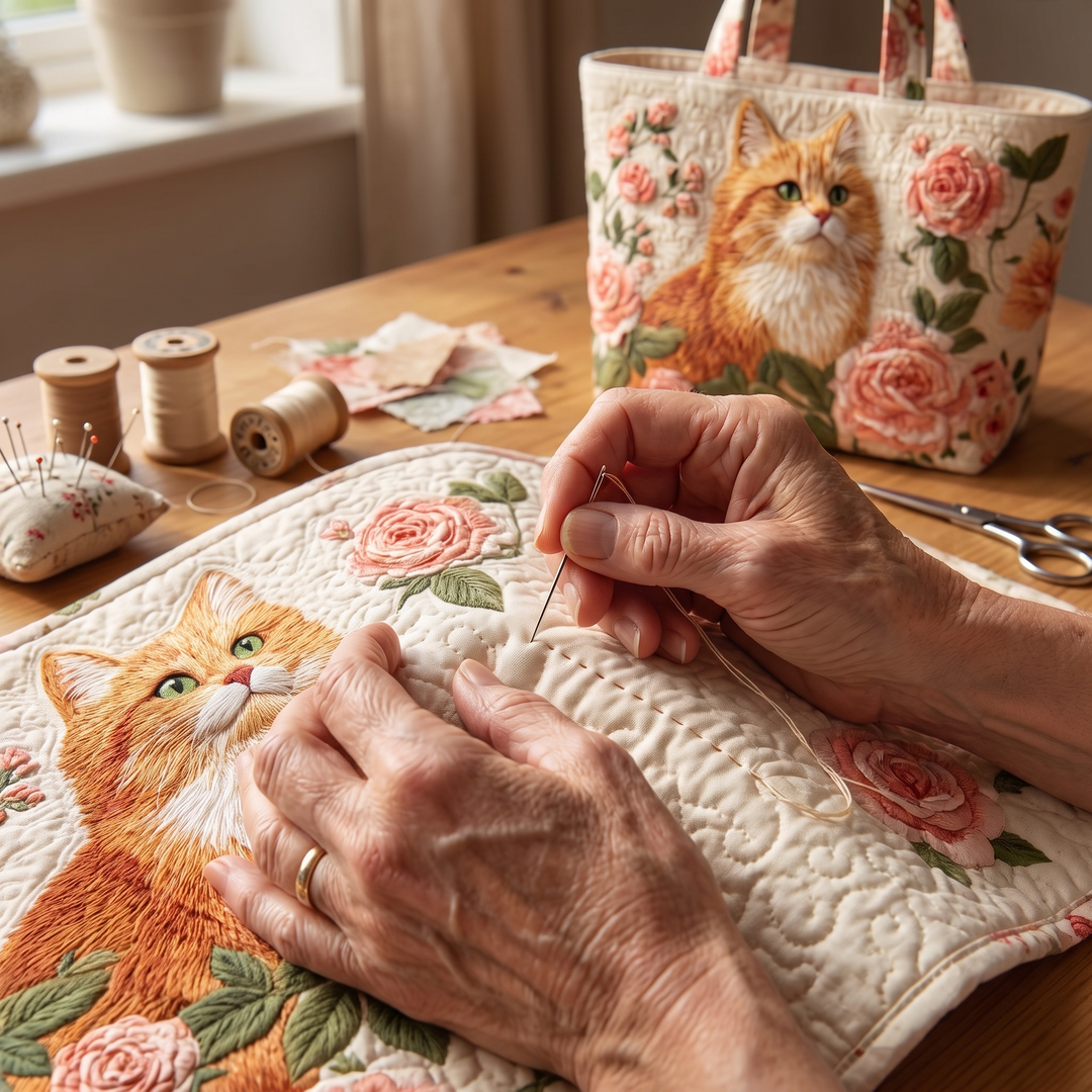 Bolso Artesanal — Gato Naranja con Rosas: primer plano del acolchado a mano