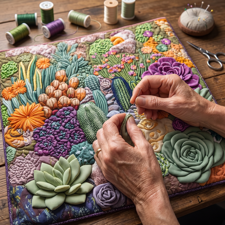 Bolso Tote Artesanal — Jardín de Suculentas: primer plano del acolchado a mano