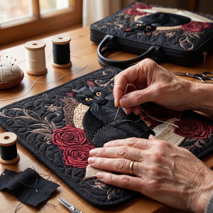 Bolso Artesanal Acolchado — Gato Negro sobre Libros: primer plano del acolchado a mano