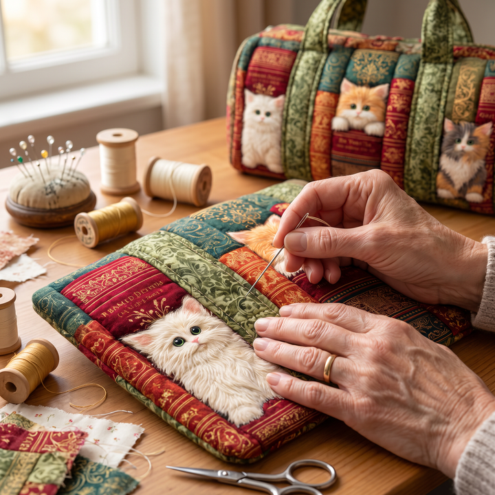 Bolso de Viaje Acolchado — Capítulo de Gatos: primer plano del acolchado a mano