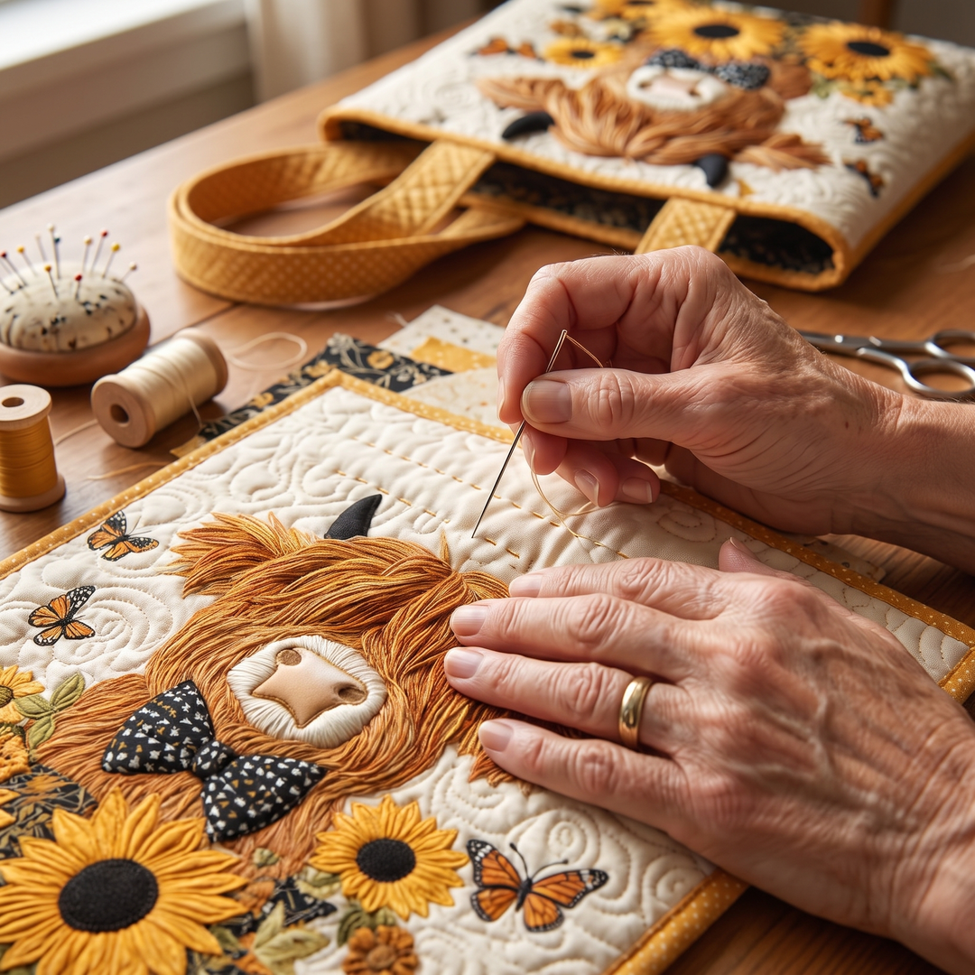 Bolso Acolchado — Vaca Highland con Girasoles: primer plano del acolchado a mano