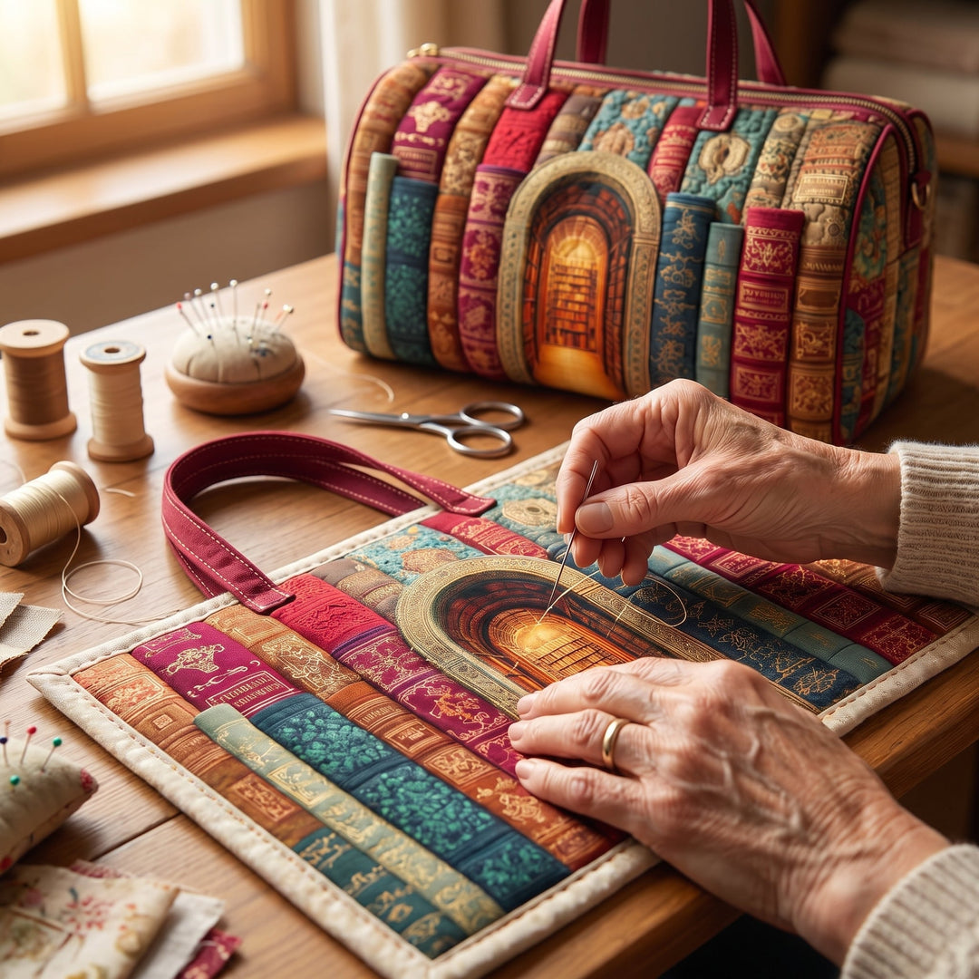 Bolso de Viaje Acolchado — Biblioteca Escondida: primer plano del acolchado a mano