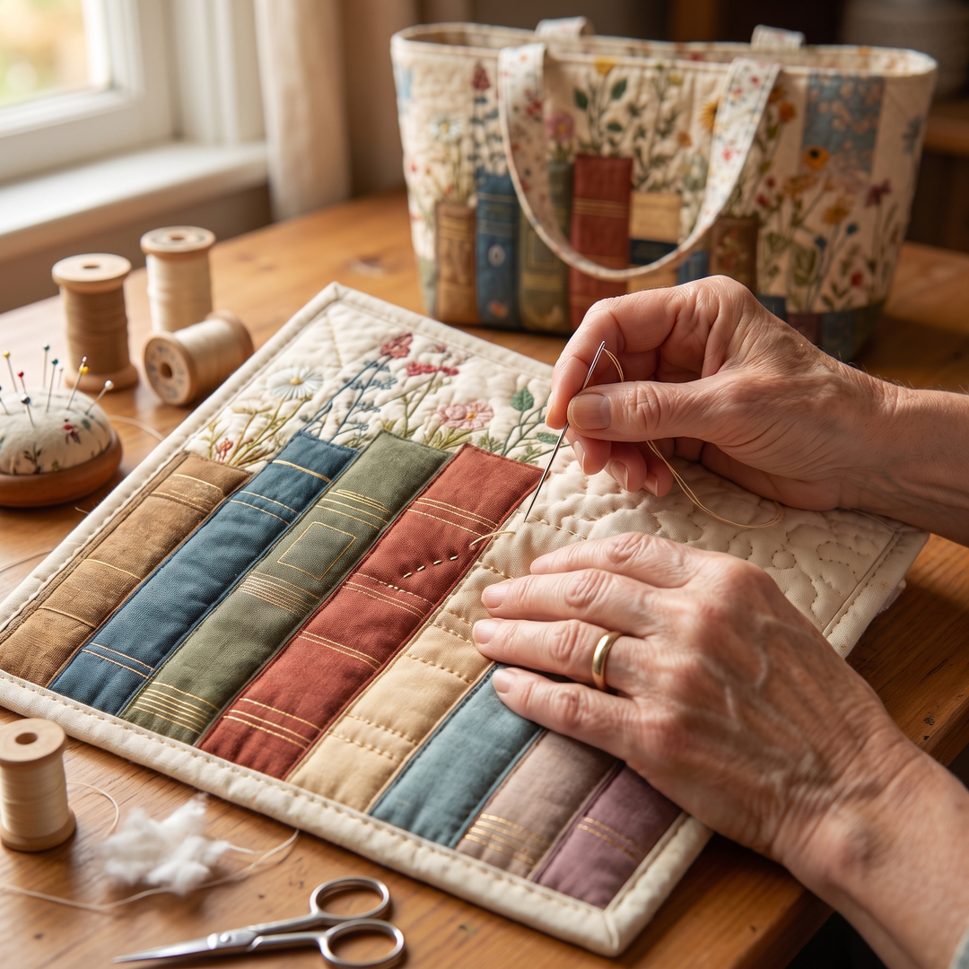 Bolso Artesanal Acolchado — Libros y Flores: primer plano del acolchado a mano