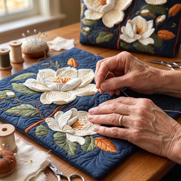 Bolso Artesanal Acolchado — Magnolia Delicada: primer plano del acolchado a mano