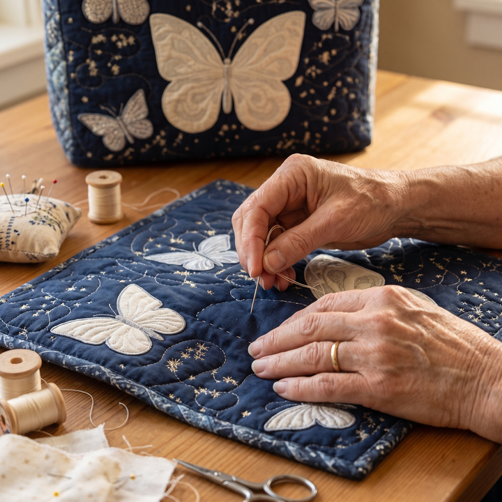 Bolso Artesanal — Mariposa Plateada: primer plano del acolchado a mano
