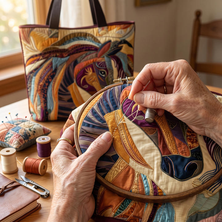 Bolso Artesanal — Caballo de Mosaico Multicolor: primer plano del acolchado a mano
