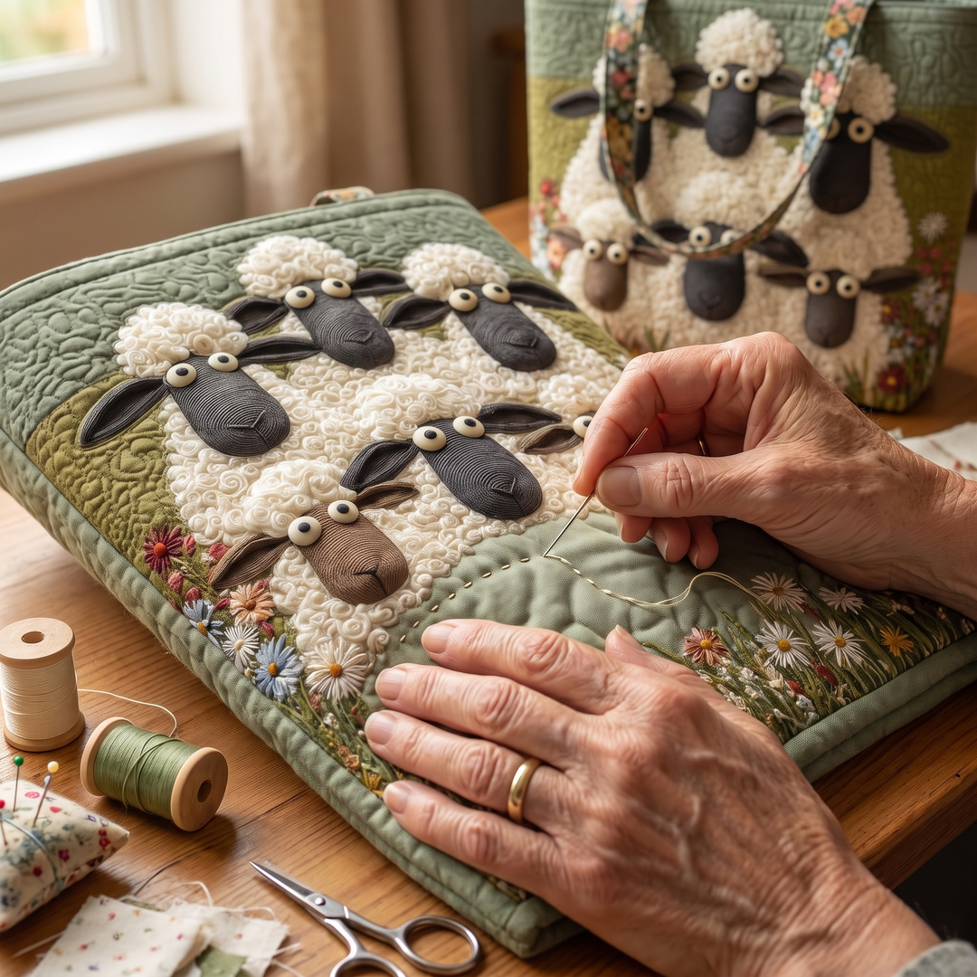 Bolso Artesanal — Cinco Ovejas: primer plano del acolchado a mano