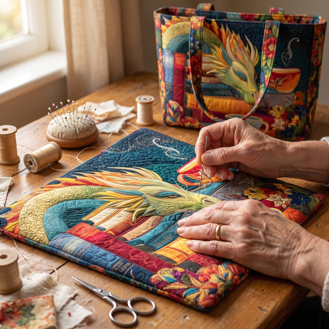 Bolso Artesanal — Dragón Lector con Libros y Tazas: primer plano del acolchado a mano