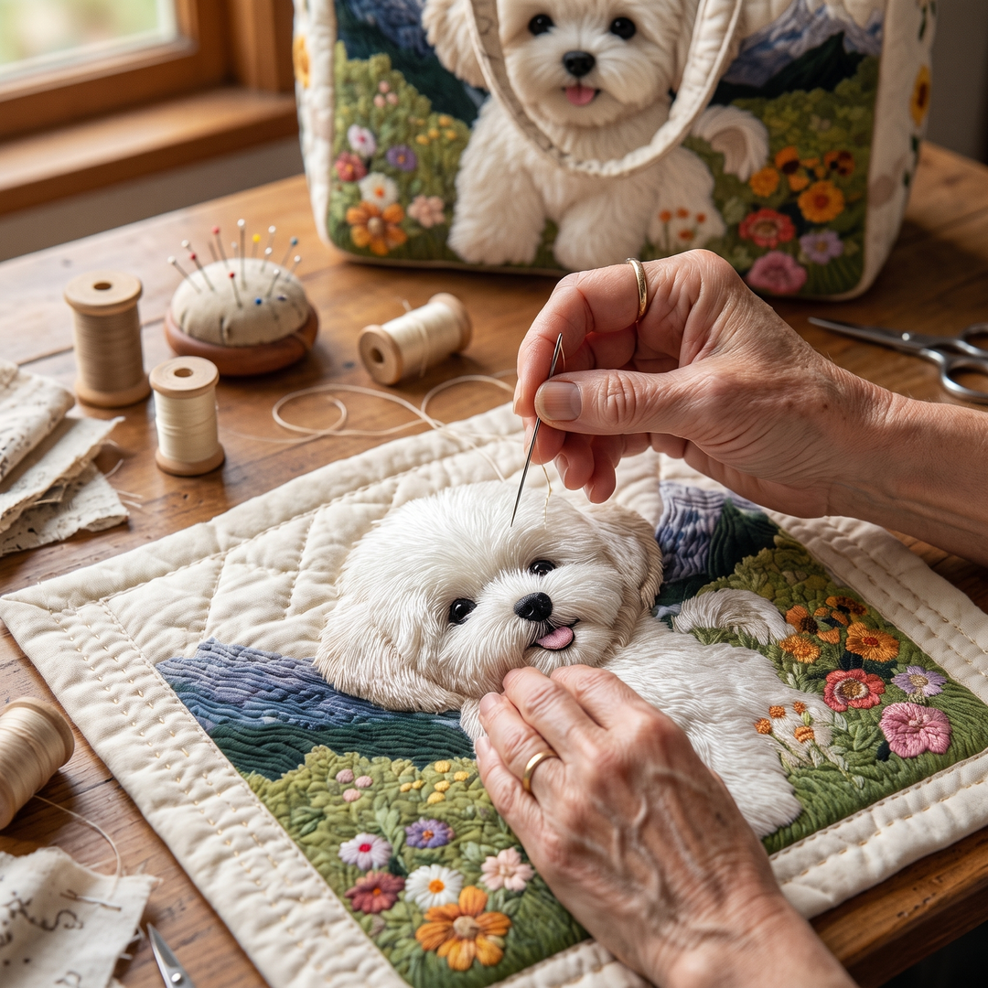 Bolso Artesanal Acolchado — Perro Encantado: primer plano del acolchado a mano