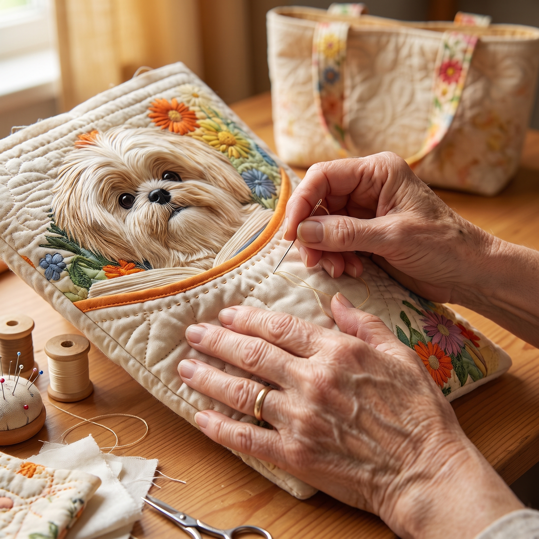 Bolso Artesanal — Shih Tzu con Libros y Flores: primer plano del acolchado a mano