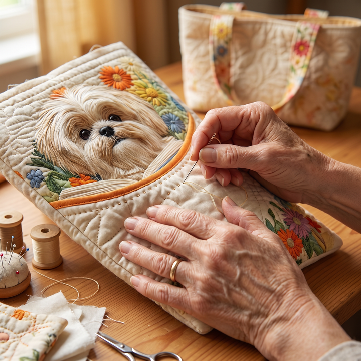 Bolso Artesanal — Shih Tzu con Libros y Flores: primer plano del acolchado a mano