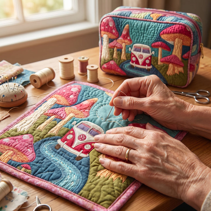 Neceser Acolchado — Sueño Hippie Cósmico: primer plano del acolchado a mano