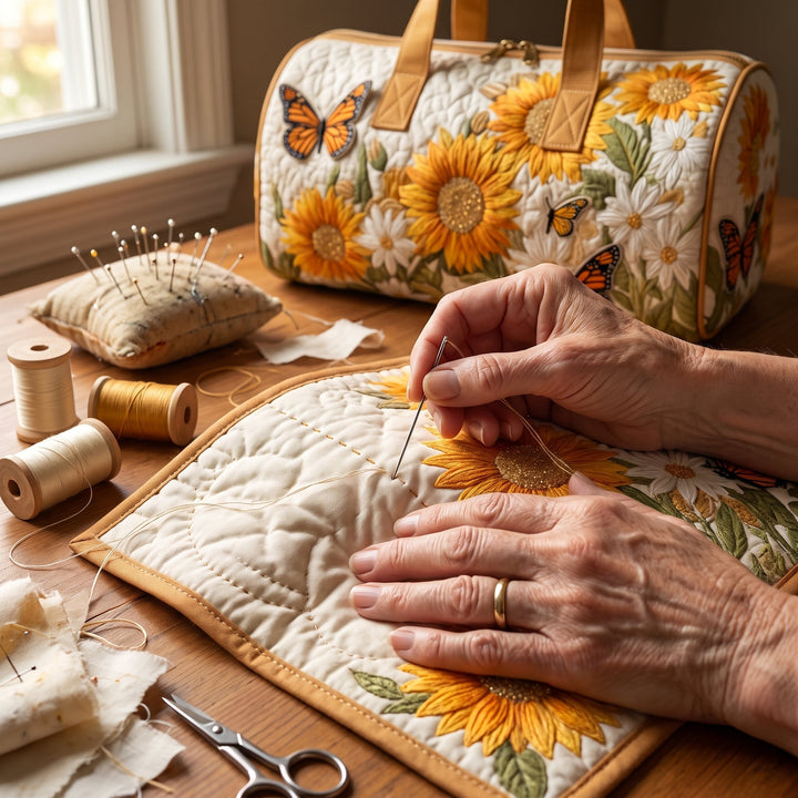 Bolso de Viaje Acolchado — Campos Luminosos: primer plano del acolchado a mano