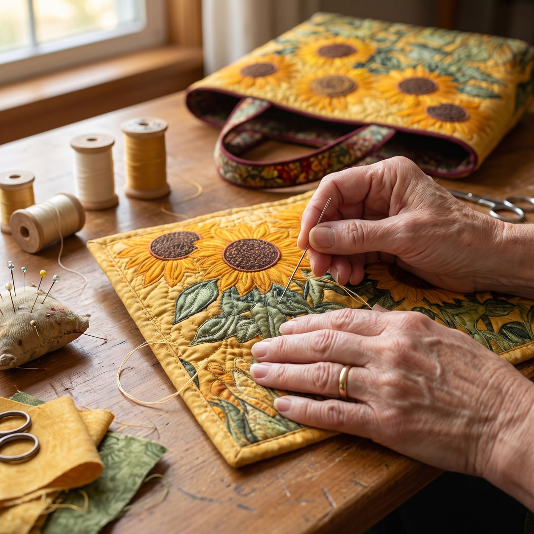 Bolso Acolchado Clásico — Girasoles: primer plano del acolchado a mano