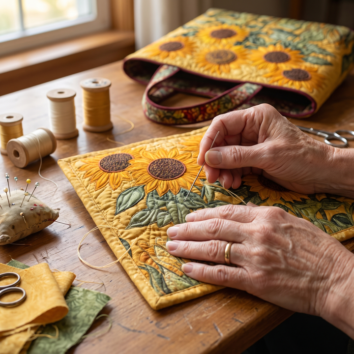 Bolso Acolchado Clásico — Girasoles: primer plano del acolchado a mano