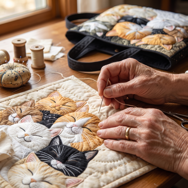 Bolso Artesanal Acolchado — Gatitos Dormidos: primer plano del acolchado a mano