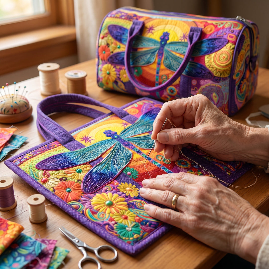 Bolso de Viaje Acolchado — Cielos de Seda: primer plano del acolchado a mano