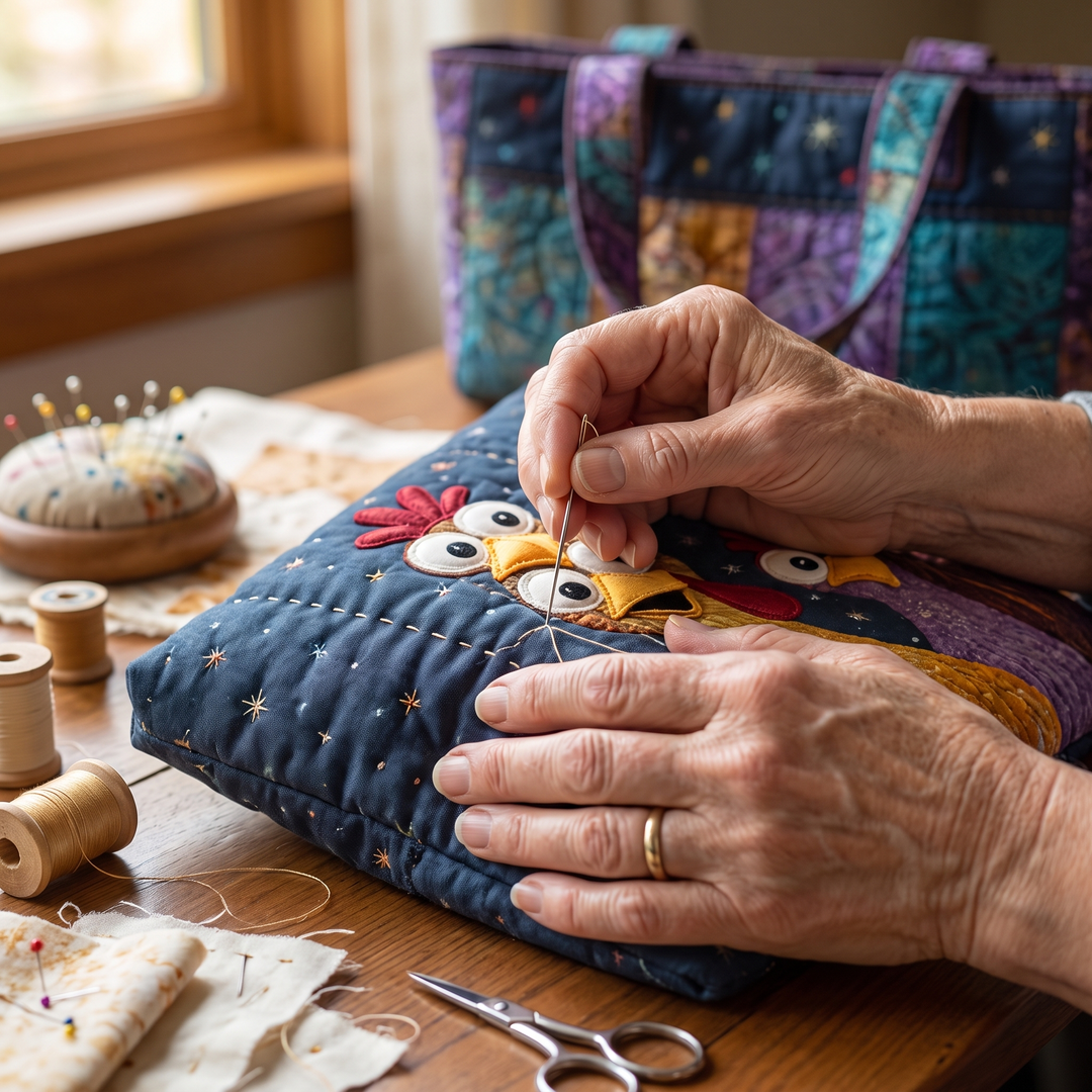 Bolso Artesanal — Cinco Gallinas de Colores: primer plano del acolchado a mano