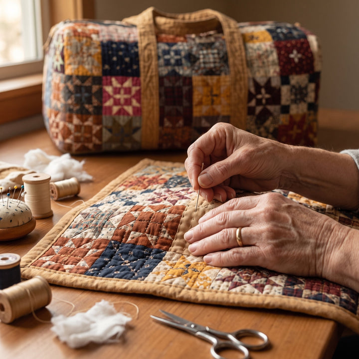 Bolso de Viaje Acolchado — Jardín que Susurra: primer plano del acolchado a mano