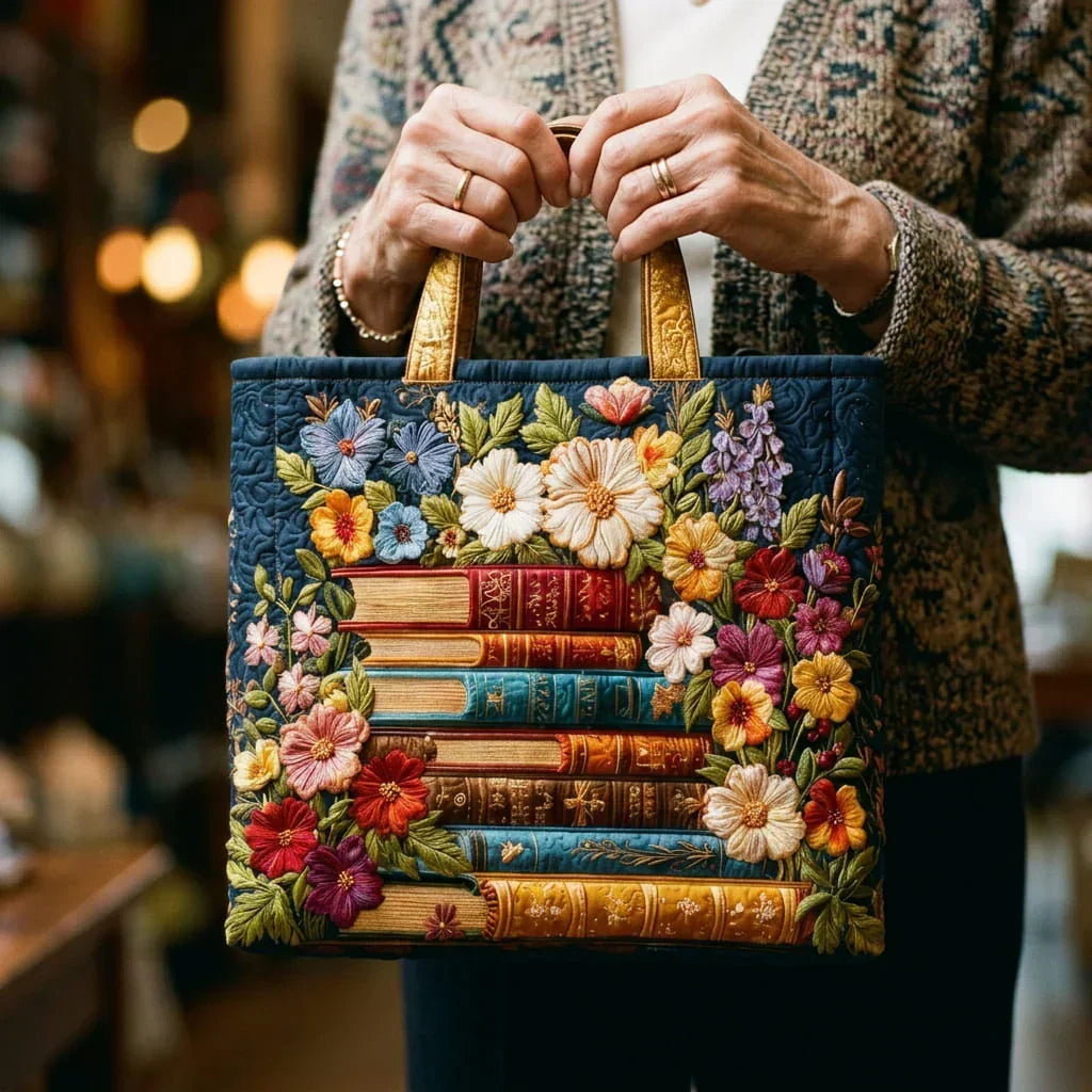 Bolso Tote Artesanal — Estampado Floral y Libros