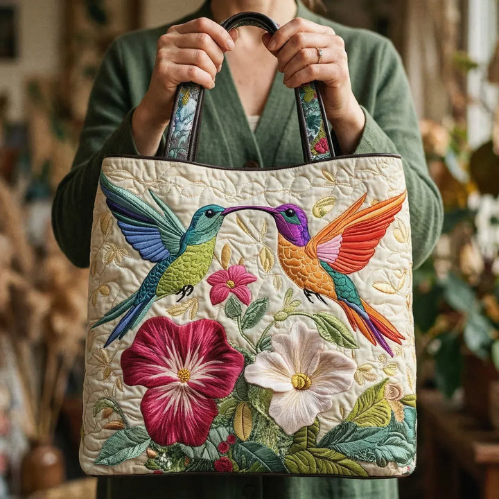 Bolso Acolchado — Colibrí y Flores Blancas