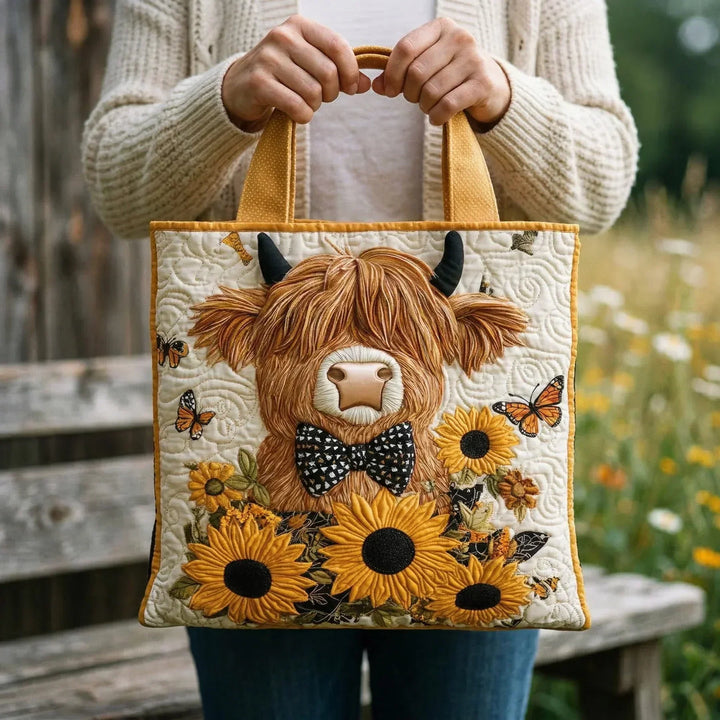 Bolso Acolchado — Vaca Highland con Girasoles