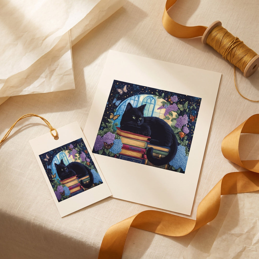 Tarjeta y etiqueta de regalo imprimibles con la ilustración acolchada del gato negro sobre libros, con cinta dorada sobre lino crema