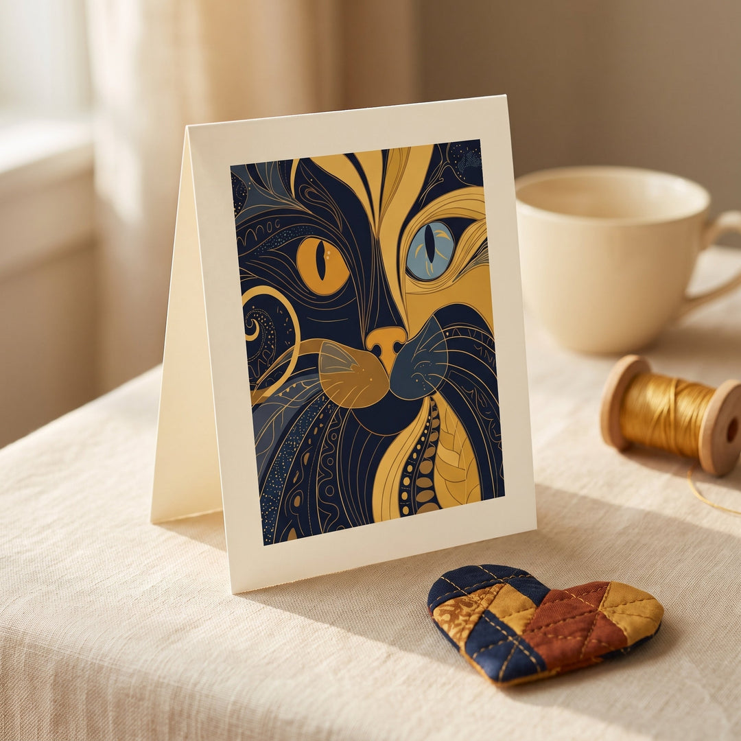 Una tarjeta de agradecimiento doblada con la ilustración acolchada del gato místico, de pie sobre lino crema junto a un corazón de retazos acolchado a mano