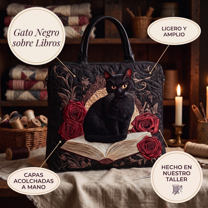 Bolso Artesanal Acolchado — Gato Negro sobre Libros