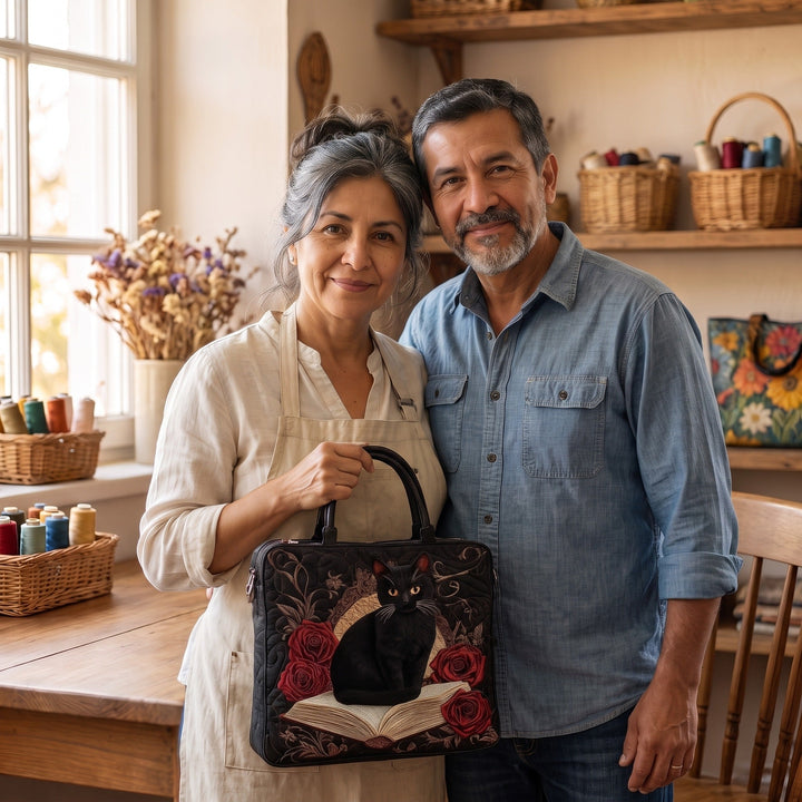 Bolso Artesanal Acolchado — Gato Negro sobre Libros