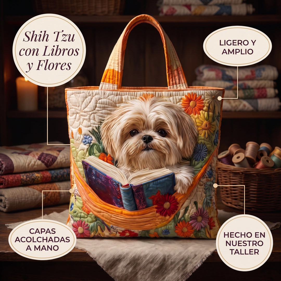 Bolso Artesanal — Shih Tzu con Libros y Flores