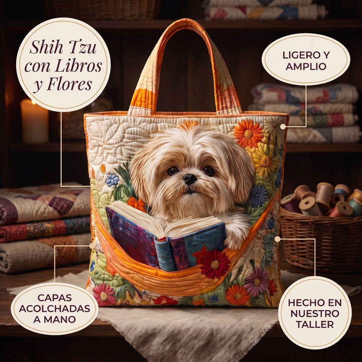 Bolso Artesanal — Shih Tzu con Libros y Flores