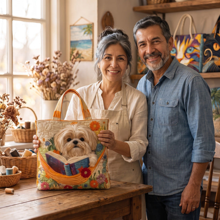 Bolso Artesanal — Shih Tzu con Libros y Flores