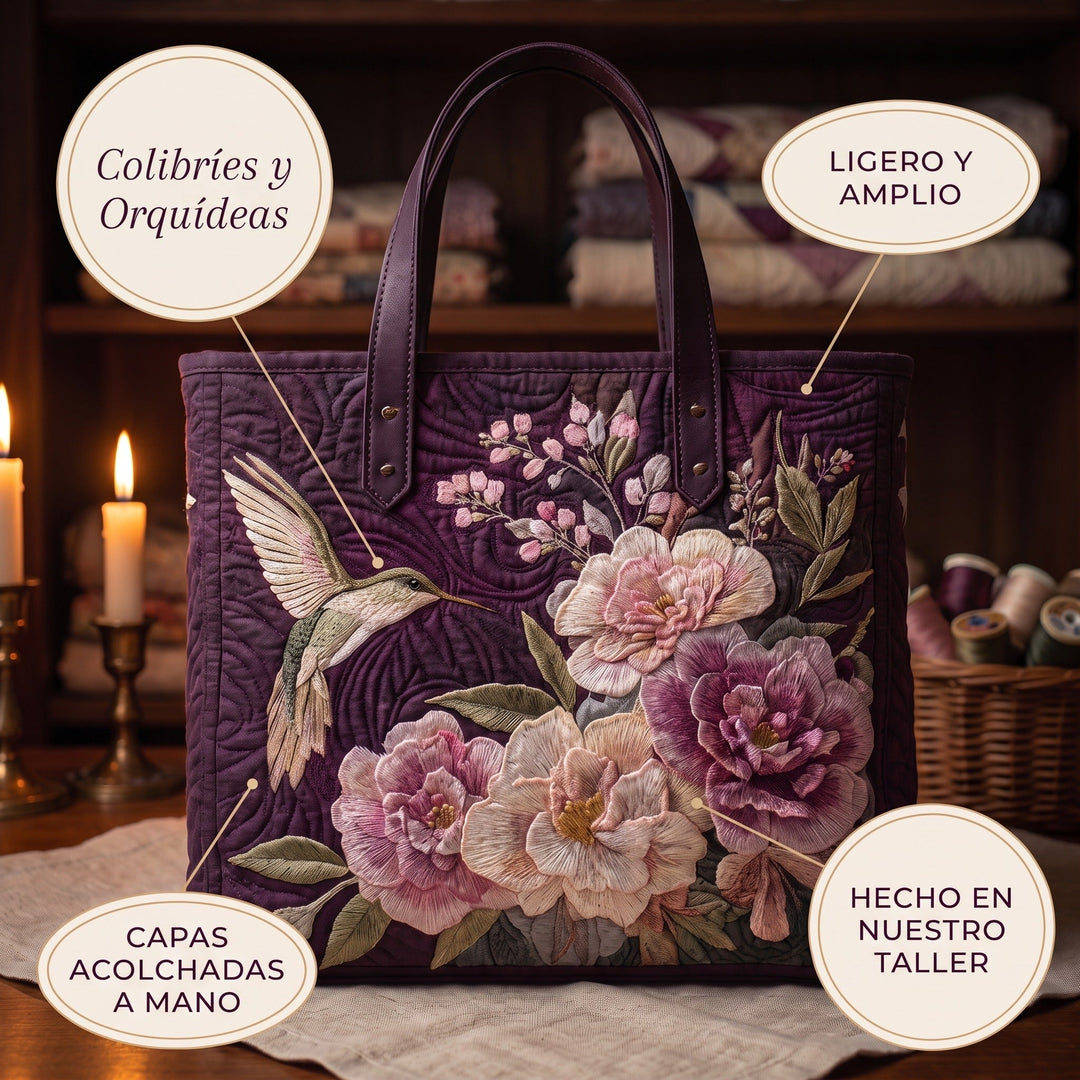 Bolso Artesanal Acolchado — Colibríes y Orquídeas