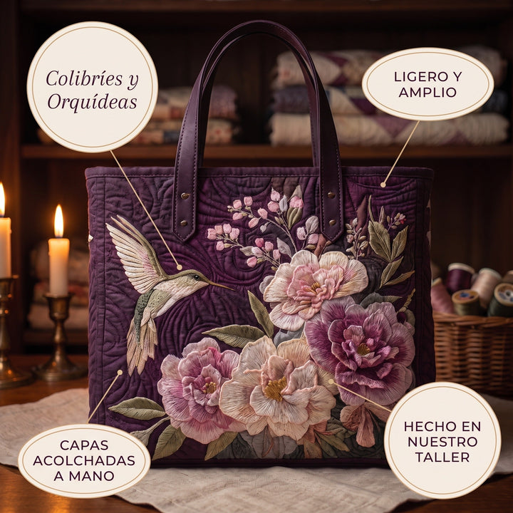 Bolso Artesanal Acolchado — Colibríes y Orquídeas