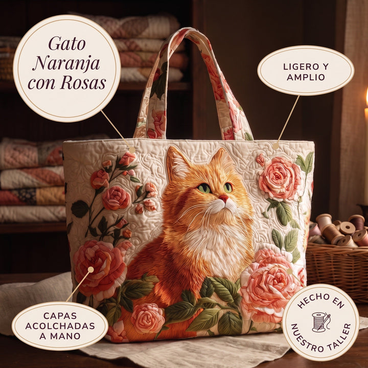 Bolso Artesanal — Gato Naranja con Rosas