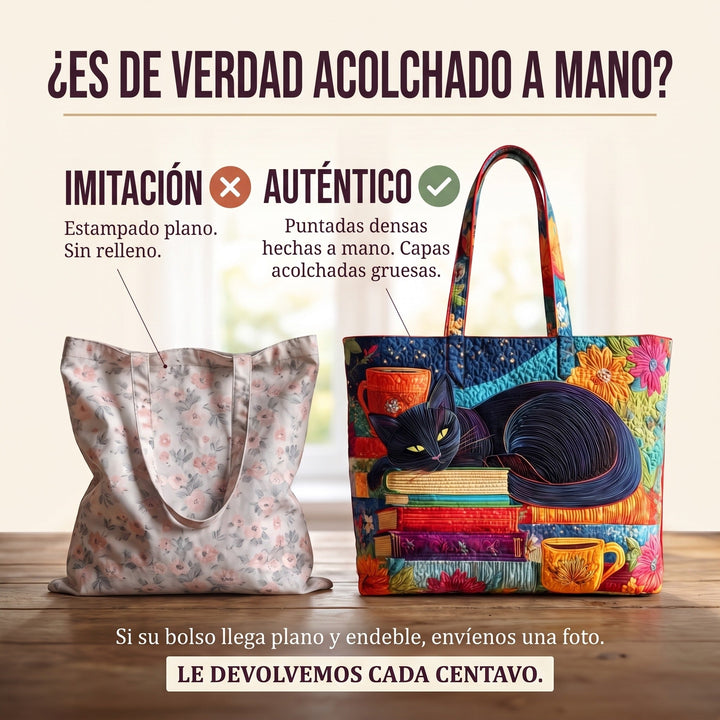 Bolso Artesanal — Gato Negro con Libros y Tazas