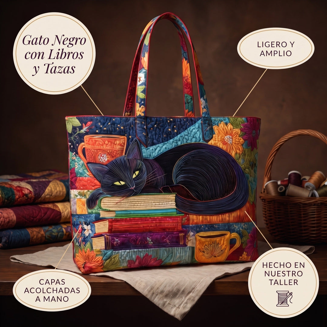 Bolso Artesanal — Gato Negro con Libros y Tazas