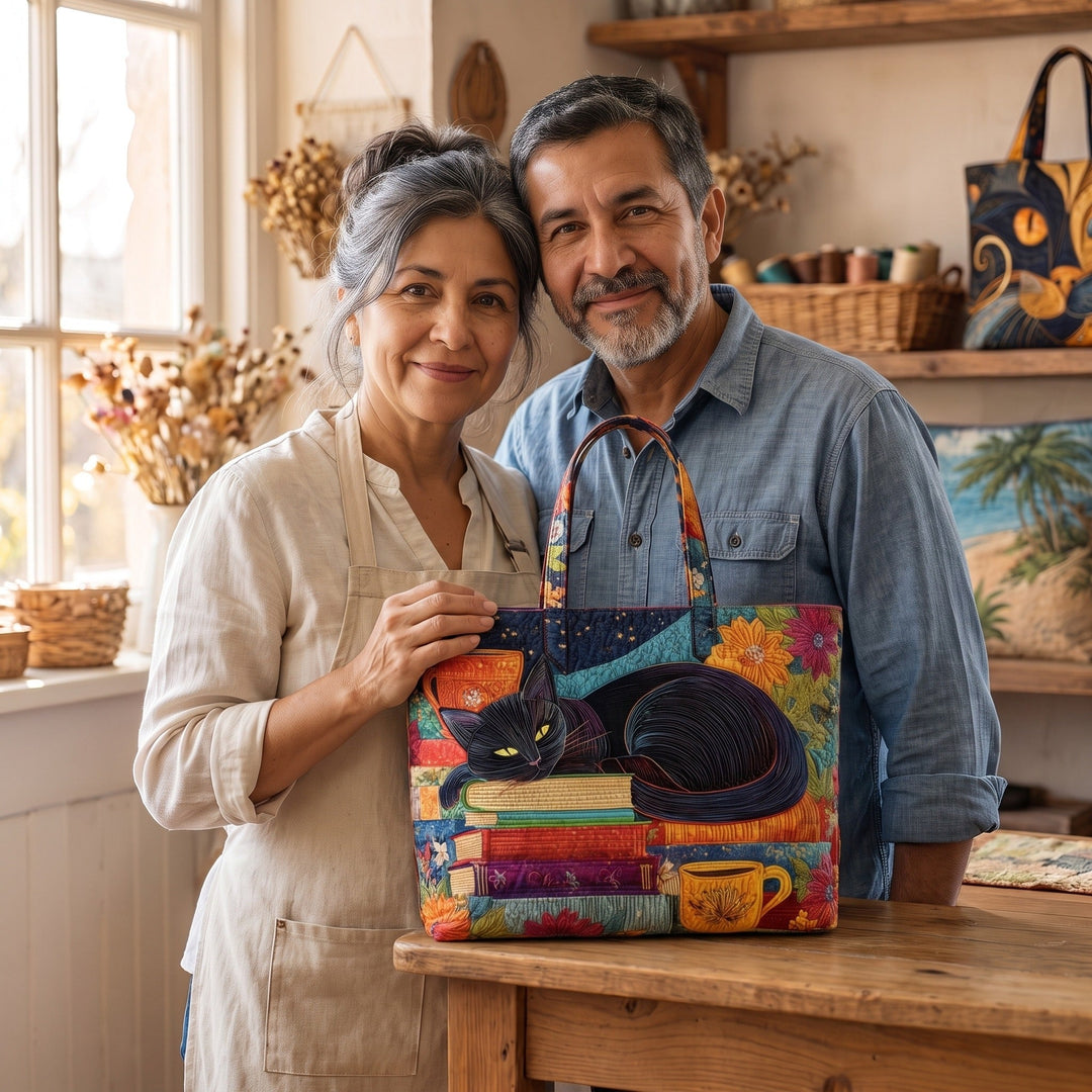 Bolso Artesanal — Gato Negro con Libros y Tazas