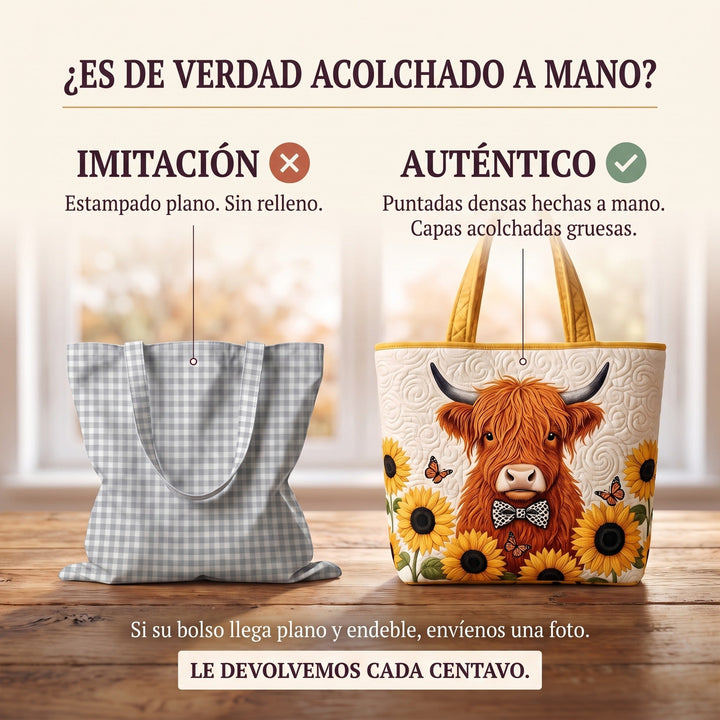 Bolso Acolchado — Vaca Highland con Girasoles