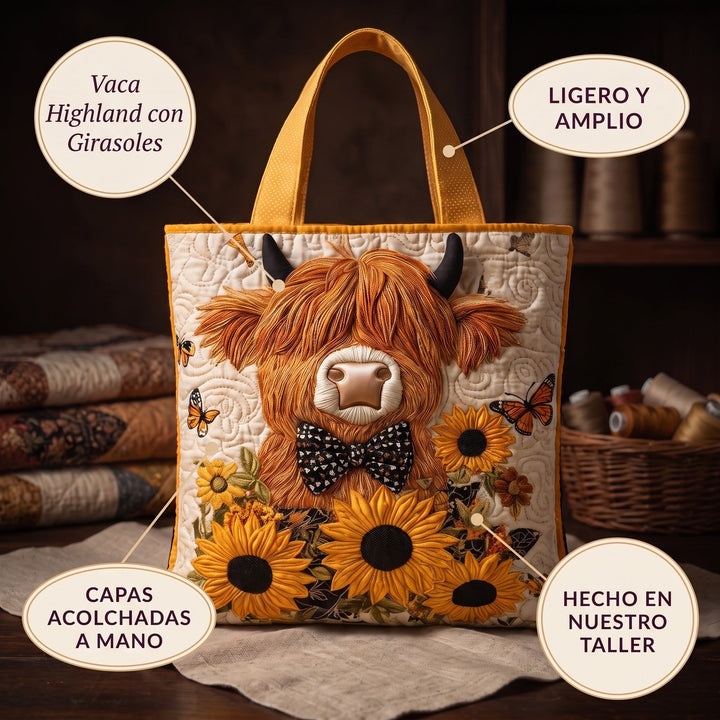 Bolso Acolchado — Vaca Highland con Girasoles
