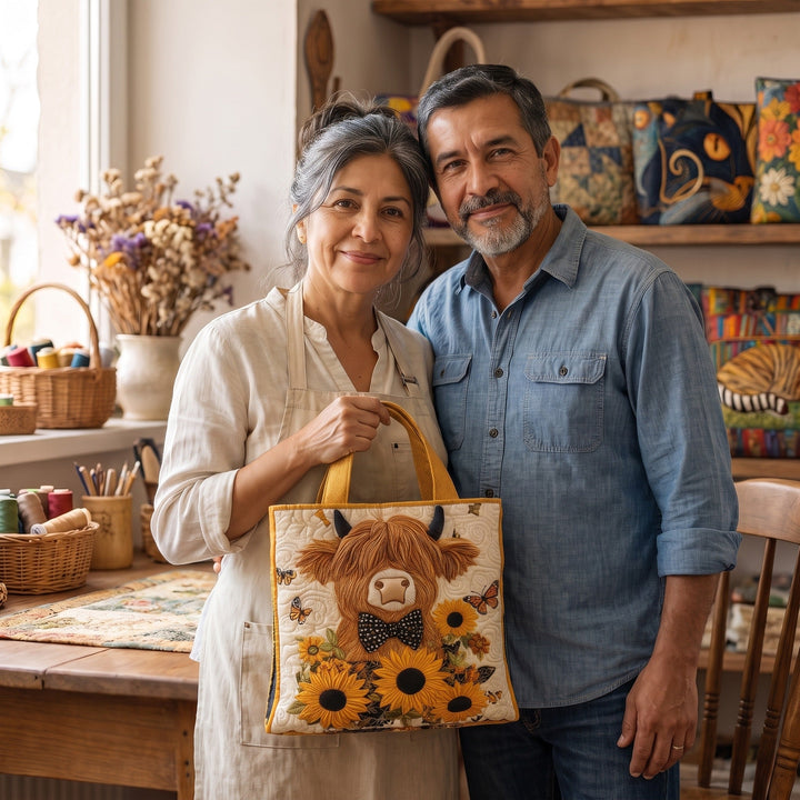 Bolso Acolchado — Vaca Highland con Girasoles