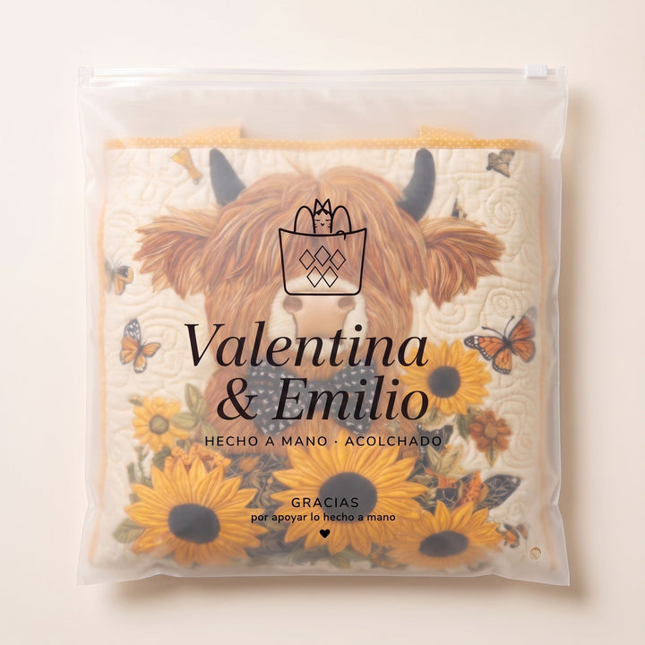 Bolso Acolchado — Vaca Highland con Girasoles