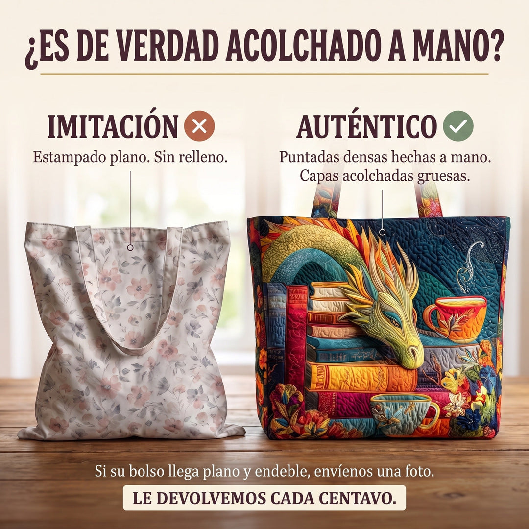 Bolso Artesanal — Dragón Lector con Libros y Tazas