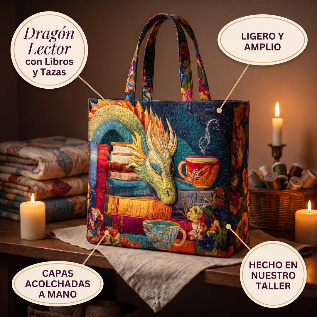 Bolso Artesanal — Dragón Lector con Libros y Tazas