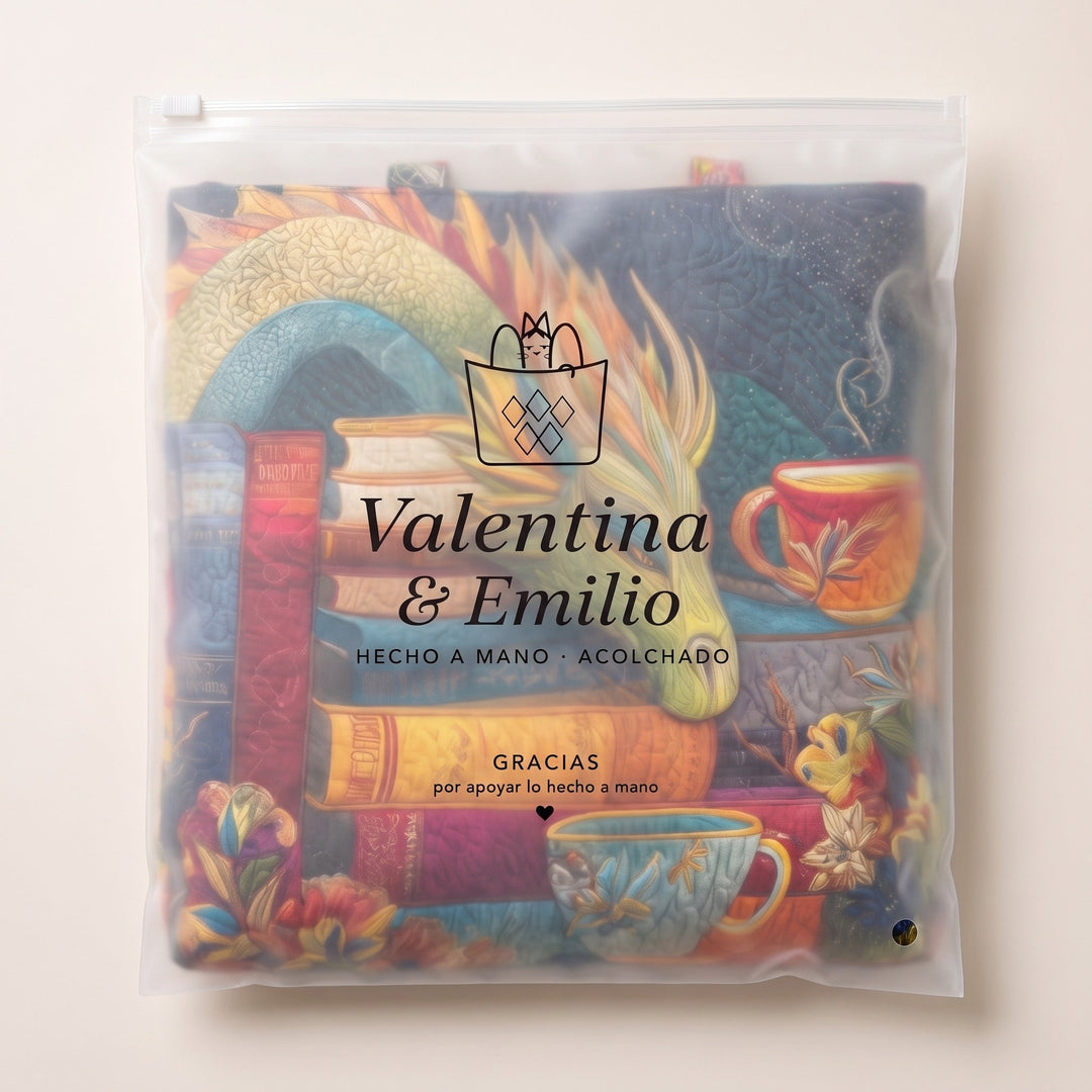 Bolso Artesanal — Dragón Lector con Libros y Tazas