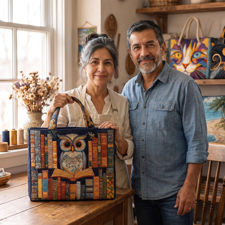 Bolso Tote Artesanal — Búho y Libros Antiguos