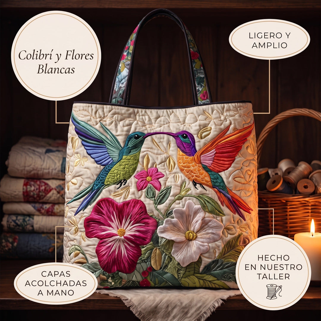 Bolso Acolchado — Colibrí y Flores Blancas
